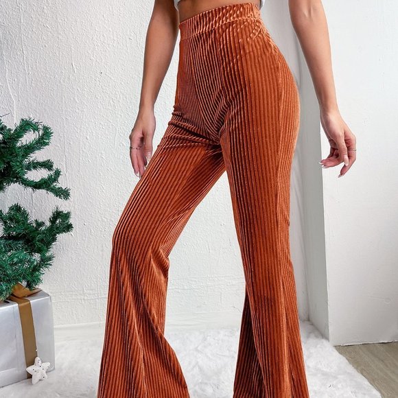 Orange Casual Womens Elastic Waist Flare Leg Pants - Picture 2 of 5